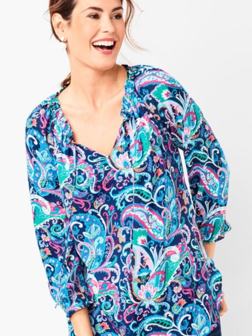 Talbots Paisley Tie-Neck Colorful Popover Blouse 3/4‎ Sleeve Ruffle Size P